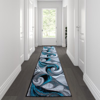 Flash Furniture ACD-RG410-310-TQ-GG Tellus Collection 3' x 10' Olefin Turquoise Ocean Waves Pattern Area Rug with Jute Backing for Entryway, Living Room, Bedroom